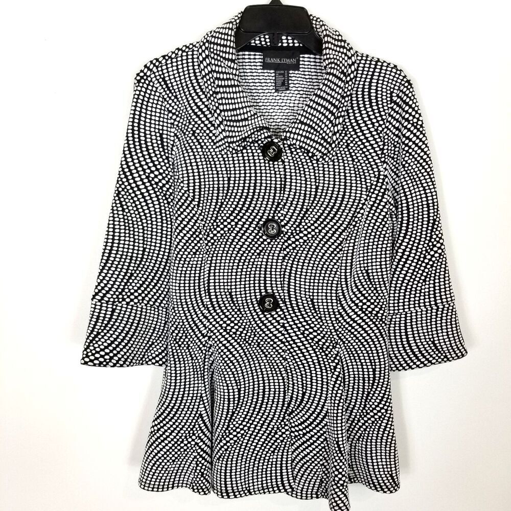 Frank Lyman Women Printed Jacket Sz 12 Wired Collar White Black Button Lagenlook